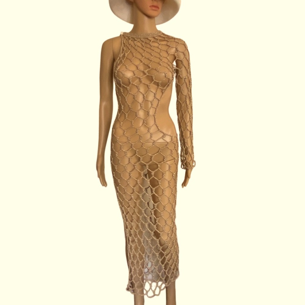 Misguided Metallic Rose Gold Crochet Beaded Bodycon Midi Dress Size 2-4